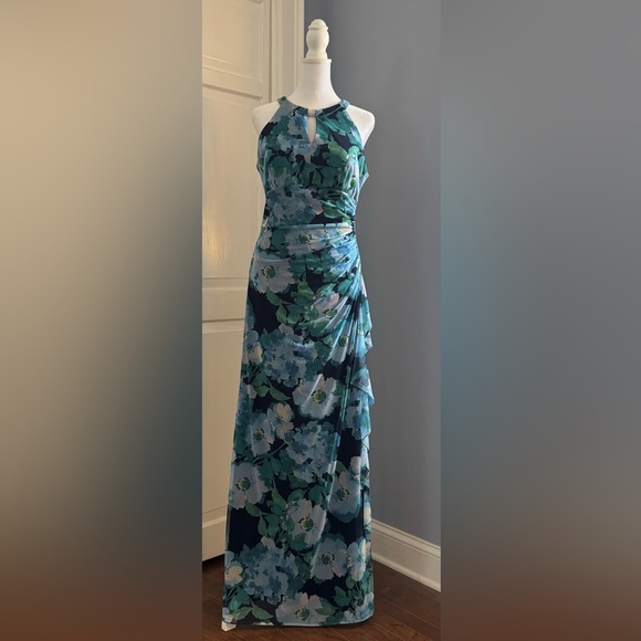 Betsy & Adam Navy Floral Maxi Dress with Teal and White Blooms - Picture 2 of 7